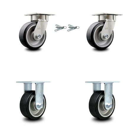 5 Inch Kingpinless Rubber on Aluminum Wheel Caster Swivel Locks 2 Rigid 2PK